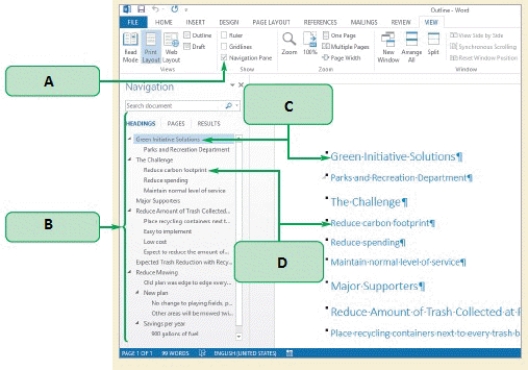   -Paragraphs formatted like Box D in the accompanying figure will become ____ when imported into PowerPoint. A)  first-level bulleted items B)  second-level bulleted items C)  slide titles D)  slide headers or footers
