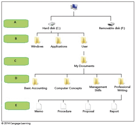 <strong> The folder that contains the Windows 8 operating system is located in the level marked by box ____ in the accompanying figure.</strong> A) A B) B C) C D) D