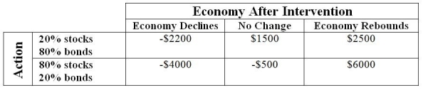 Use the following to answer the question(s)  below. As a result of the financial crisis in the fall of 2008, where the government intervened to help the economy, an investor was considering various strategies for her money and the estimated profits would depend on how successful the intervention would be in helping the economy. The estimated annual return for two different investment strategies are shown in the following table.   -Using the maximax approach, the investor should A)  choose 20% stocks 80% bonds B)  choose 80% stocks 20% bonds C)  choose 20% stocks 80% bonds if the economy rebounds D)  choose 80% stocks 20% bonds if the economy declines E)  put her money in her mattress 