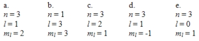 Which one of the following sets of quantum numbers can correctly represent a 3p orbital?   A) a B) b C) c D) d E) e