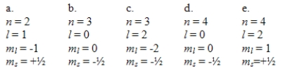 An atom of element number 33 (As) is in its ground electronic state.Which one of the following sets of quantum numbers could not apply to any of its electrons?   A) a B) b C) c D) d E) e