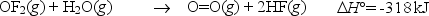 Oxygen difluoride is an unstable molecule that reacts readily with water.Calculate the bond energy of the O-F bond using the standard enthalpy of reaction and the bond energy data provided.       