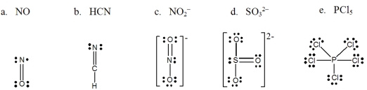 Which one of the following Lewis structures is definitely incorrect?   A) a B) b C) c D) d E) e