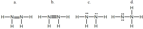 Hydrazine,N<sub>2</sub>H<sub>4</sub>,is a good reducing agent that has been used as a component in rocket fuels.Select its Lewis structure.   A) a B) b C) c D) d E) None of these choices is correct.