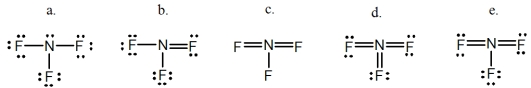 Select the correct Lewis structure for nitrogen trifluoride,NF<sub>3</sub>.   A) a B) b C) c D) d E) e