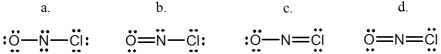 Select the correct Lewis structure for NOCl,a reactive material used as an ionizing solvent.   A) a B) b C) c D) d E) None of these choices is correct.