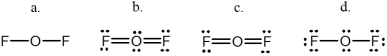 Oxygen difluoride is a powerful oxidizing and fluorinating agent.Select its Lewis structure.   A) a B) b C) c D) d E) None of these choices is correct.