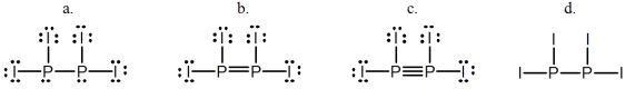 Select the best Lewis structure for P<sub>2</sub>I<sub>4</sub>.   A) a B) b C) c D) d E) None of these structures is suitable for P<sub>2</sub>I<sub>4</sub>.