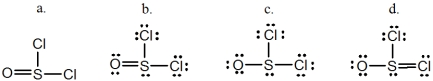Thionyl chloride is used as an oxidizing and chlorinating agent in organic chemistry.Select the best Lewis structure for SOCl<sub>2</sub>.   A) a B) b C) c D) d E) None of these structures is suitable for SOCl<sub>2</sub>.