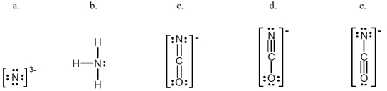 In which of the following does the nitrogen atom have a formal charge of -1?   A) a B) b C) c D) d E) e