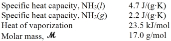 Liquid ammonia (boiling point = -33.4°C) can be used as a refrigerant and heat transfer fluid.How much energy is needed to heat 25.0 g of NH<sub>3</sub>(l) from -65.0°C to -12.0°C?   A) 5.5 kJ B) 6.3 kJ C) 39 kJ D) 340 kJ E) 590 kJ