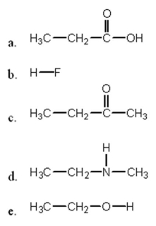In which of the following compounds will the molecules not form hydrogen bonds with each other?   A) a B) b C) c D) d E) e