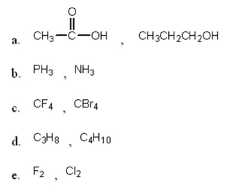 Select the pair of substances in which the one with the lower vapor pressure at a given temperature is listed first.   A) a B) b C) c D) d E) e
