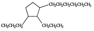 Select the correct name for the following compound.   A) ortho-dipropylcyclopentylhexane B) 2,3-dipropylcyclopentylhexane C) 2-hexyl-1,5-dipropylcyclopentane D) 1-hexyl-2,3-dipropylcyclopentane E) 1,2-dipropyl-3-hexylcyclopentane