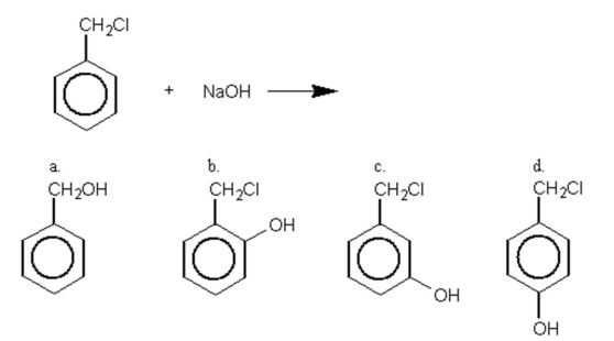 <strong>Identify the principal organic product when benzyl chloride reacts with aqueous sodium hydroxide.  </strong> A)a B)b C)c D)d E)None of these choices is correct. <div style=padding-top: 35px> 