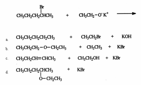 Identify the products of the reaction between 2-bromopentane and potassium ethoxide.   A) a B) b C) c D) d E) None of these choices are the major products of the reaction.