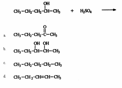 Identify the organic product for the reaction of 2-pentanol with sulfuric acid.   A) a B) b C) c D) d E) None of these choices is a major product of the reaction.