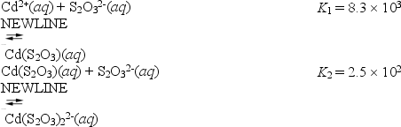  Consider the reactions of cadmium with the thiosulfate anion.   What is the value for the equilibrium constant for the following reaction? Cd<sup>2+</sup>(aq) + 2S<sub>2</sub>O<sub>3</sub><sup>2-</sup>(aq)    Cd(S<sub>2</sub>O<sub>3</sub>) <sub>2</sub><sup>2-</sup>(aq)  A) 0.030 B) 33 C) 8.1  \times  10<sup>3</sup> D) 8.6  \times  10<sup>3</sup> E) 2.1  \times  10<sup>6</sup> 