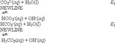  About half of the sodium carbonate produced is used in making glass products because it lowers the melting point of sand,the major component of glass.When sodium carbonate is added to water it hydrolyses according to the following reactions.   These can be combined to yield   What is the value of K<sub>3</sub>? A) K<sub>1</sub>  \times  K<sub>2</sub> B) K<sub>1</sub>  \times  K<sub>2</sub>. C) K<sub>1</sub> + K<sub>2</sub> D) K<sub>1</sub> - K<sub>2</sub> E) (K<sub>1</sub>K<sub>2</sub>) <sup>2</sup> 