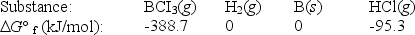  Elemental boron can be formed by reaction of boron trichloride with hydrogen. BCl<sub>3</sub>(g) + 1.5H<sub>2</sub>(g)   \to  B(s) + 3HCl(g)  Calculate  \Delta G° for the reaction.   A) -293.4 kJ B) 293.4 kJ C) -102.8 kJ D) 102.8 kJ E) None of these choices is correct. 
