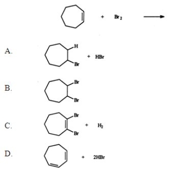 Identify the products for the reaction between cycloheptene and bromine.   A)  A B)  B C)  C D)  D E)  None of the above are the major products of the reaction.