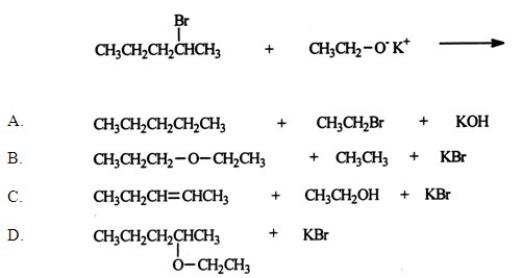 Identify the products of the reaction between 2-bromopentane and potassium ethoxide.   A)  A B)  B C)  C D)  D E)  None of the above are the major products of the reaction.