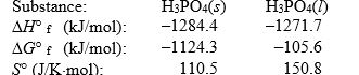 The temperature at which the following process reaches equilibrium at 1.0 atm is the normal melting point for phosphoric acid.   Use the following thermodynamic data at 298 K to determine this temperature.   A)  286 K B)  305 K C)  315 K D)  347 K E)  3170 K