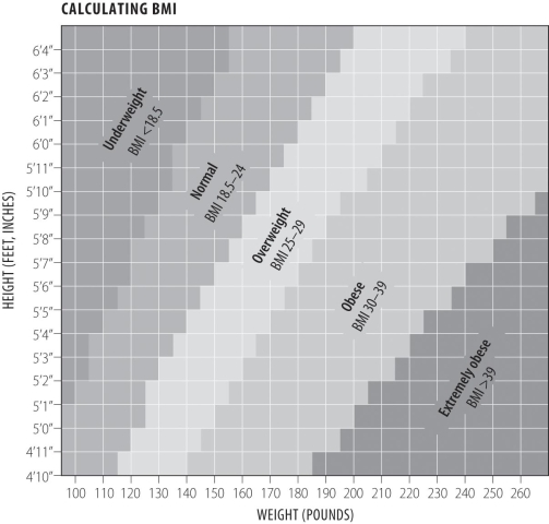 Examine the calculating BMI chart.What is the most a person 5'6  tall could weigh and still be in the normal range (not overweight) ?   A) 120 pounds B) 150 pounds C) 180 pounds D) 240 pounds