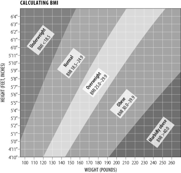 Examine the calculating BMI chart.What is the most a person 5'6  tall could weigh and still be in the normal range (not overweight) ?   A)  120 pounds B)  150 pounds C)  180 pounds D)  240 pounds