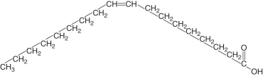 Oleic acid is a fatty acid that occurs naturally in many animal and vegetable fats and oils.What can you tell about oleic acid just by looking at its structure?   A) Oleic acid is an unsaturated fatty acid. B) Oleic acid is a saturated fatty acid. C) Oleic acid is a trans fatty acid. D) Oleic acid is a hydrophilic fatty acid.