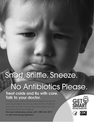 The child shown in the figure below is not feeling well.Why does the poster say  No Antibiotics Please ?   A) His illness may be caused by an allergy to penicillin. B) Antibiotics should be taken only to promote growth. C) His illness is caused by bacteria. D) His illness is caused by a virus.