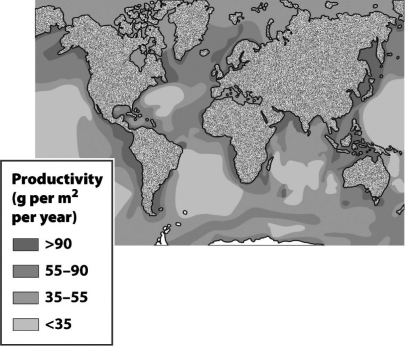 The following figure shows the net primary productivity (NPP) in marine biomes around the world.   The pattern of NPP in marine ecosystems as shown above suggests that A)  marine productivity is as sensitive to temperature as terrestrial productivity. B)  without shade from overhead vegetation, marine productivity typically exceeds that found in terrestrial ecosystems. C)  marine ecosystems are also limited by sunlight, with the highest productivity at the equator. D)  most marine productivity results from the input of terrestrially derived nutrients.
