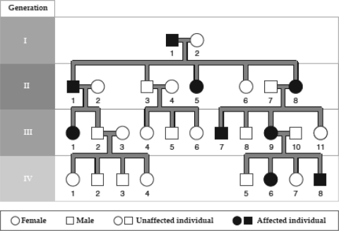 The following figure contains a pedigree for brachydactyly,an autosomal dominant disorder.Which of the following is true?   A)  Individual 5 in Generation II inherited brachydactyly from her mother. B)  Individual 2 in Generation II is a carrier of brachydactyly. C)  Individual 5 in Generation III cannot pass brachydactyly to his offspring. D)  Individual 8 in Generation IV is an affected female.