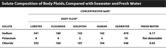 Examine the table below.   Based on the data in this table,which organism is most likely to be an osmoconformer? (Note that lobsters and flounders live in seawater and goldfish live in fresh water. )  A)  lobster B)  flounder C)  goldfish D)  humans
