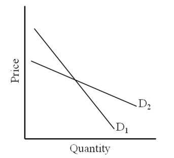   -Which statement is true? A) D1 is more elastic than D2. B) D2 is more elastic than D1. C) D1 and D2 have the same elasticity. D) There is no way to determine the relative elasticities of D1 and D2.
