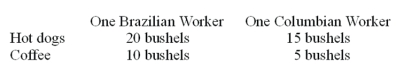 <strong> According to the information contained in the table,Brazil has an absolute advantage in</strong> A)coffee,while Columbia has an absolute advantage in hot dogs. B)both coffee and hot dogs. C)neither coffee nor hot dogs. D)hot dogs,while Columbia has an absolute advantage in coffee.