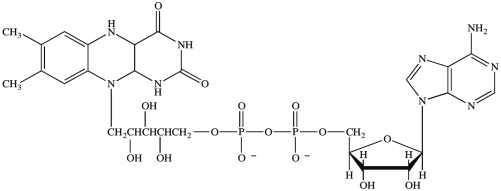 The structure of flavin adenine dinucleotide (FAD)is shown here.  