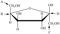 Which labeled carbon atom in the structure below is the anomeric carbon?   A) A B) B C) C D) D