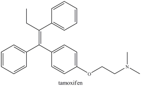 Tamoxifen is a widely used anti-estrogen drug used to treat tumors of the breast. Tamoxifen would be considered a hydrophilic molecule, having limited solubility in water and blood, and high solubility in fat.  