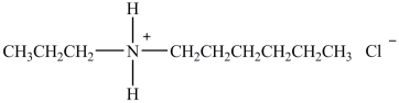 When the compound below is treated with KOH the products are N-propyl-1-hexanamine, potassium chloride, and water.  