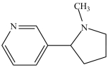 In nicotine (structure shown)the shape of the nitrogen in the pyridine ring is _____ and the shape of the nitrogen in the pyrrolidine ring is _____.  