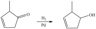 When the compound shown is treated with H<sub>2</sub> and a Pd catalyst, the indicated product is formed.  