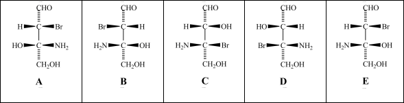 Consider the stereoisomers (A-E) drawn below:   Which structure is an enantiomer of structure A? A) structure B B) structure C C) structure D D) structure E