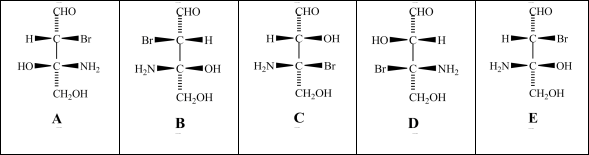 Consider the stereoisomers (A-E) drawn below:   Which structure(s) is/are a diastereomer of structure C? A) structure A B) structure B C) structure D D) structure E E) None of the structures is a diastereomer of structure C.