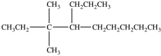 The molecule below has _____ primary carbon atoms, _____ secondary carbon atoms, _____ tertiary carbon atoms, and _____ quaternary carbon atoms.  