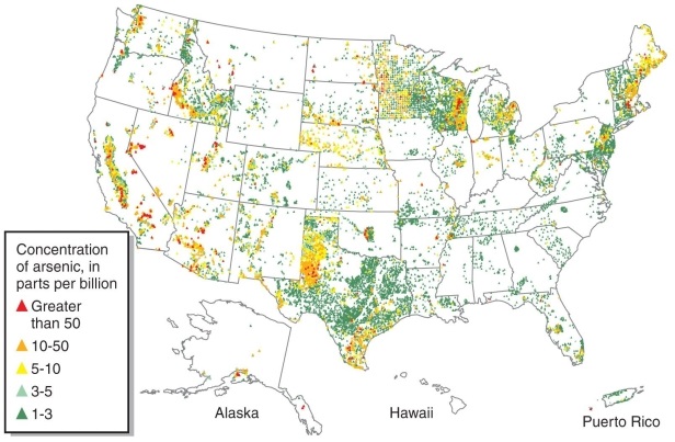 Figure 17.29   -Which of the following states has the most ground water that contains toxic concentrations of arsenic? A)  South Carolina B)  Florida C)  Montana D)  Texas
