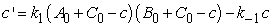 Consider a chemical system containing species A, B, and C; and that A and B can react to make C in a bimolecular reaction with rate constant of k<sub>1</sub>, and C can decompose to make A and B in a first order reaction with rate constant of k<sub>-1</sub>. If the instantaneous amounts of A, B, and C are represented as a, b, and c, and the initial amounts are given as A<sub>0</sub>, B<sub>0</sub>, and C<sub>0</sub>, the change in C can be represented with the differential equation   . If A<sub>0</sub> = 2 , B<sub>0</sub> = 2, C<sub>0</sub> = 0, k<sub>1</sub> = 0.04, and k<sub>-1</sub> = 0.04, solve the differential equation for c and graph the solution. [Note: c can never be larger than C<sub>0</sub> plus the smaller of A<sub>0</sub> or B<sub>0</sub>. Nor can it be smaller than 0.]