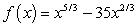 Graph the function and completely discuss the graph. Round answers to three decimals places, if necessary.   A)  domain:   vertical asymptotes: none; horizontal asymptotes: none; vertical tangents: none; local extrema: (0, 0) , (14, -121.985) ; concave down:   ; Concave up:   ; x-intercepts: (0, 0)  and (35, 0)    B)  domain:   vertical asymptotes: none; horizontal asymptotes: none; vertical tangents: none; local extrema: (0, 0) , (14, -121.985) ; concave up:   X-intercepts: (0, 0)  and (35, 0)    C)  domain:   vertical asymptotes: none; horizontal asymptotes: none; vertical tangents: x = 0; local extrema: (0, 0) , (14, -121.985) ; concave up:   X-intercepts: (0, 0)  and (35, 0)    D)  domain:   vertical asymptotes: none; horizontal asymptotes: none; vertical tangents: x = 0; local extrema: (0, 0) , (14, -121.985) ; concave down:   ; Concave up:   ; x-intercepts: (0, 0)  and (35, 0)   