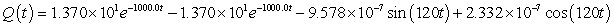 A series circuit has a 0.25 henry inductor, a 500 ohm resistor, and a 0.000004 farad capacitor. There is an initial charge of 0.000001 coulombs, there is no initial current, and there is an applied voltage which is described as   . Identify the solution to the differential equation that describes the charge on the capacitor as a function of time. A)    B)    C)    D)   
