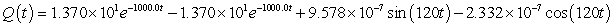 A series circuit has a 0.25 henry inductor, a 500 ohm resistor, and a 0.000004 farad capacitor. There is an initial charge of 0.000001 coulombs, there is no initial current, and there is an applied voltage which is described as   . Identify the solution to the differential equation that describes the charge on the capacitor as a function of time. A)    B)    C)    D)   